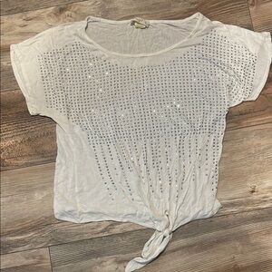 Love J Cropped Shirt Size Large White Rhinestone Studs Knot Tie Front Stretchy